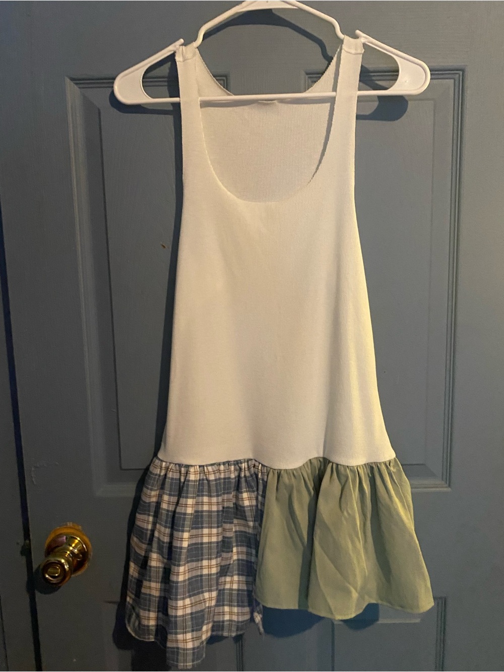Girls' White Tank Dress with Plaid and Sage Ruffle